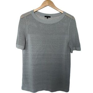 LAFAYETTE 148 Linen Blend Open‎ Knit Mesh Short Sleeve Top | Grey Large Petite L